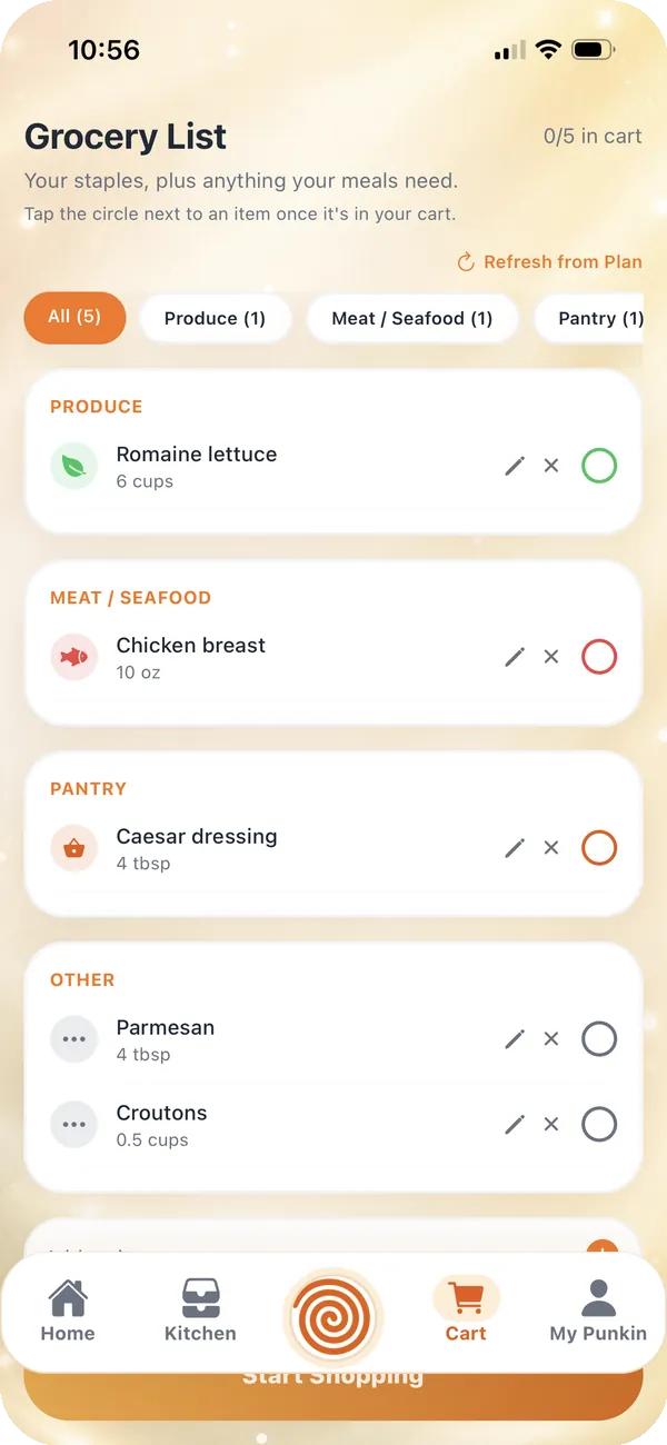 Punkin grocery list organized by category