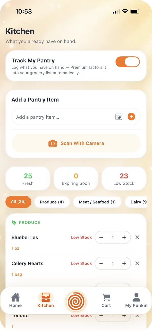 Punkin kitchen screen tracking pantry stock levels