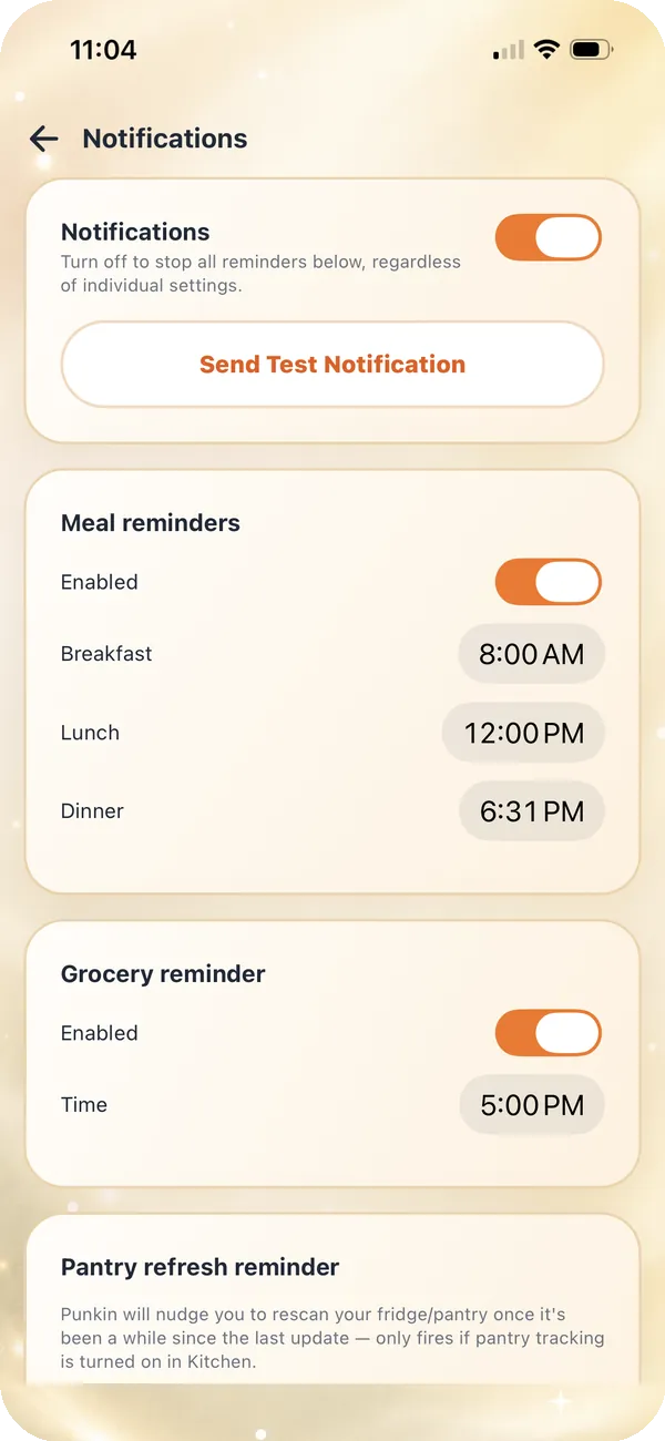 Punkin notification settings for meal and grocery reminders